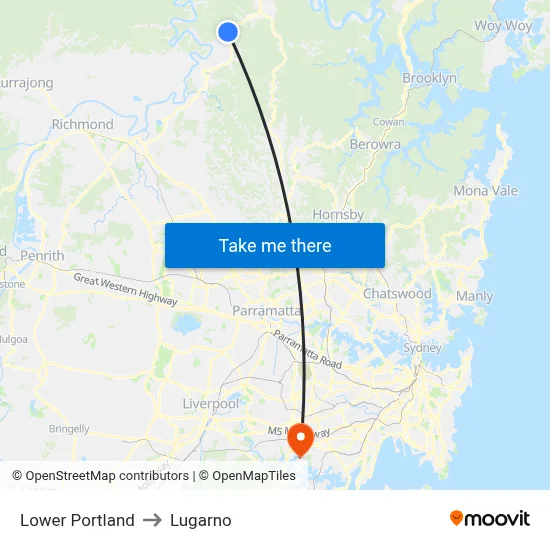 Lower Portland to Lugarno map