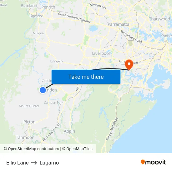 Ellis Lane to Lugarno map