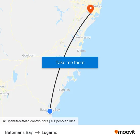 Batemans Bay to Lugarno map