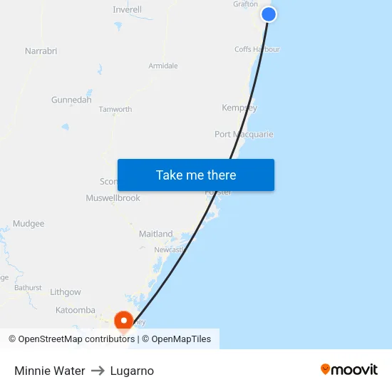 Minnie Water to Lugarno map
