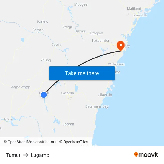 Tumut to Lugarno map