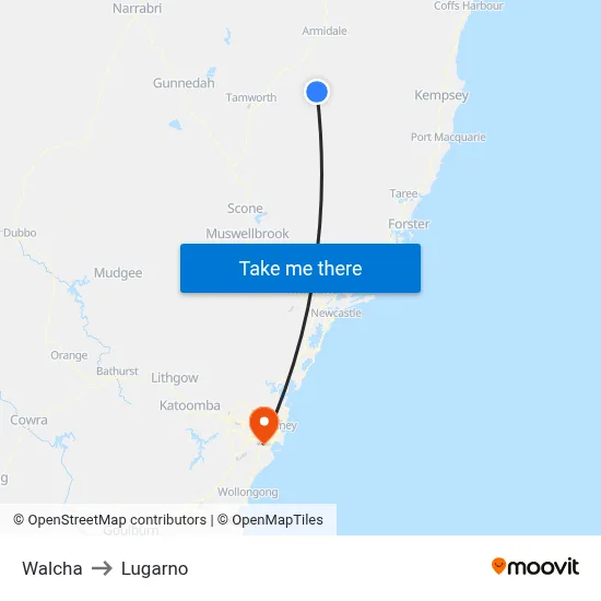 Walcha to Lugarno map