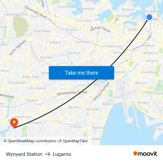 Wynyard Station to Lugarno map