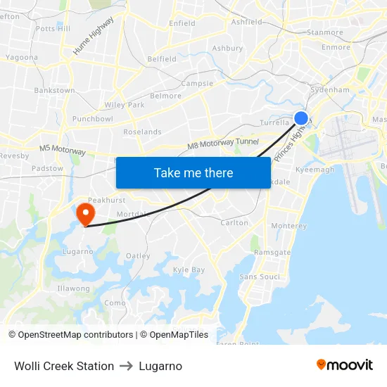Wolli Creek Station to Lugarno map