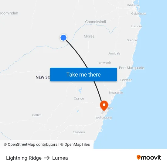 Lightning Ridge to Lurnea map