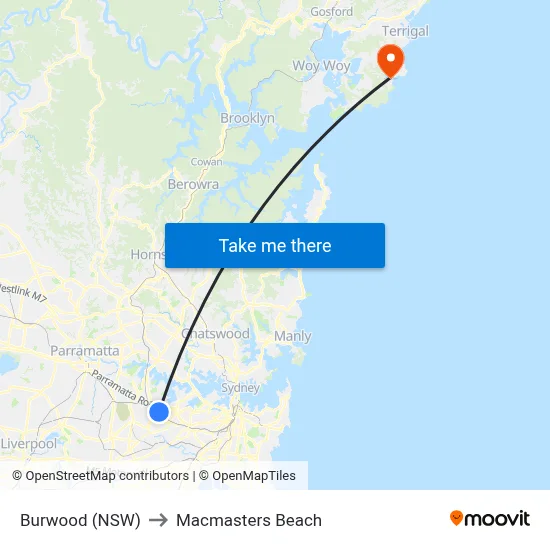 Burwood (NSW) to Macmasters Beach map