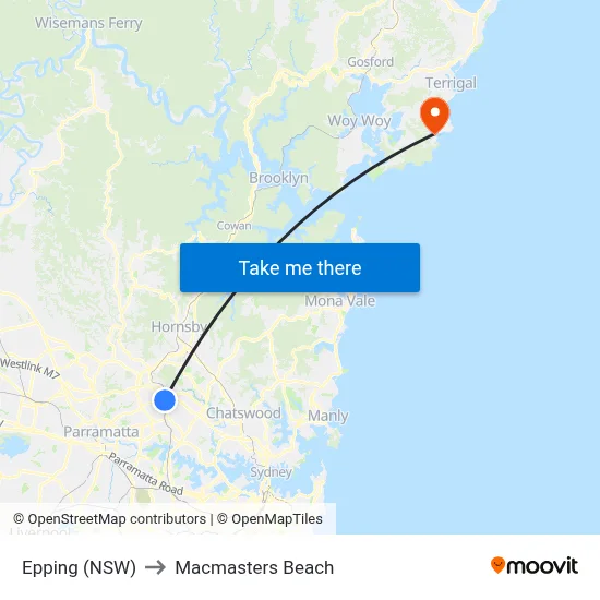 Epping (NSW) to Macmasters Beach map
