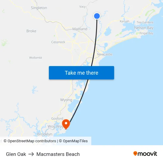 Glen Oak to Macmasters Beach map