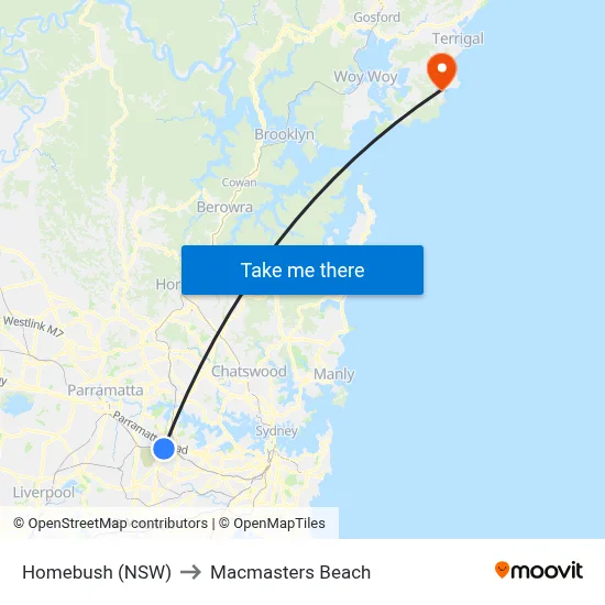Homebush (NSW) to Macmasters Beach map