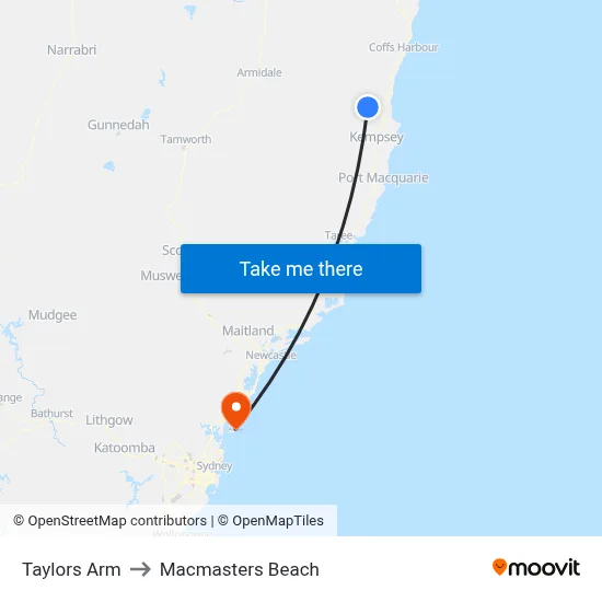Taylors Arm to Macmasters Beach map