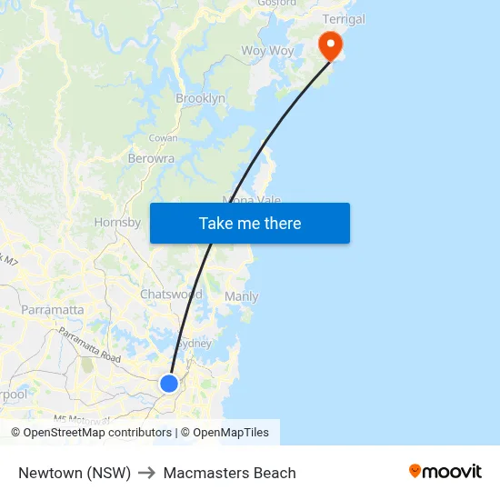Newtown (NSW) to Macmasters Beach map