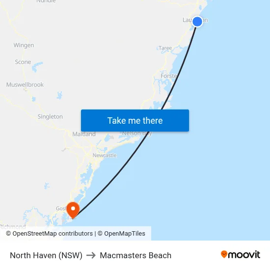 North Haven (NSW) to Macmasters Beach map