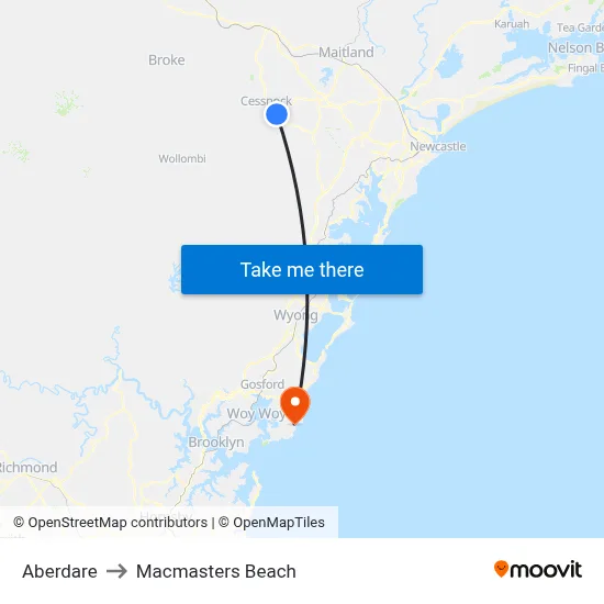 Aberdare to Macmasters Beach map