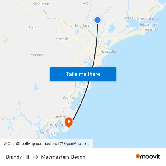Brandy Hill to Macmasters Beach map