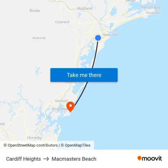Cardiff Heights to Macmasters Beach map