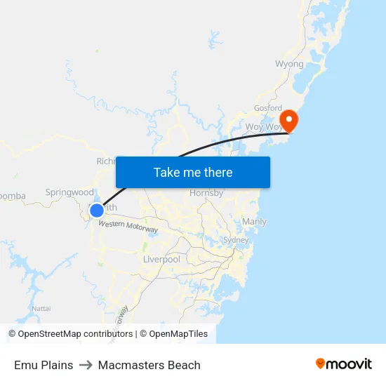 Emu Plains to Macmasters Beach map