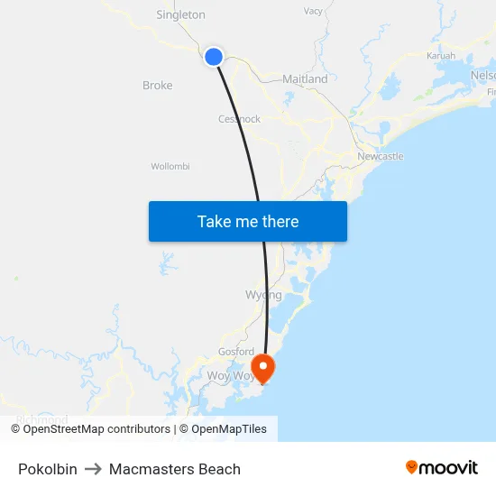 Pokolbin to Macmasters Beach map