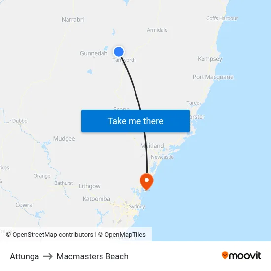 Attunga to Macmasters Beach map