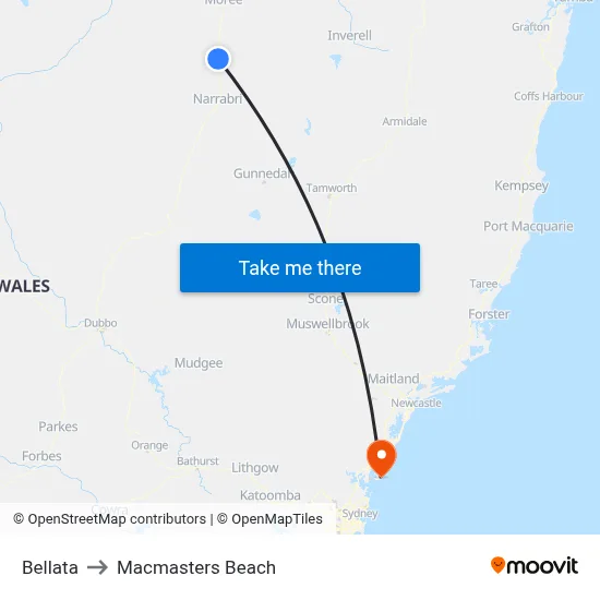 Bellata to Macmasters Beach map