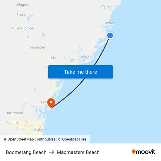 Boomerang Beach to Macmasters Beach map