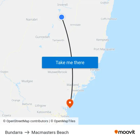 Bundarra to Macmasters Beach map