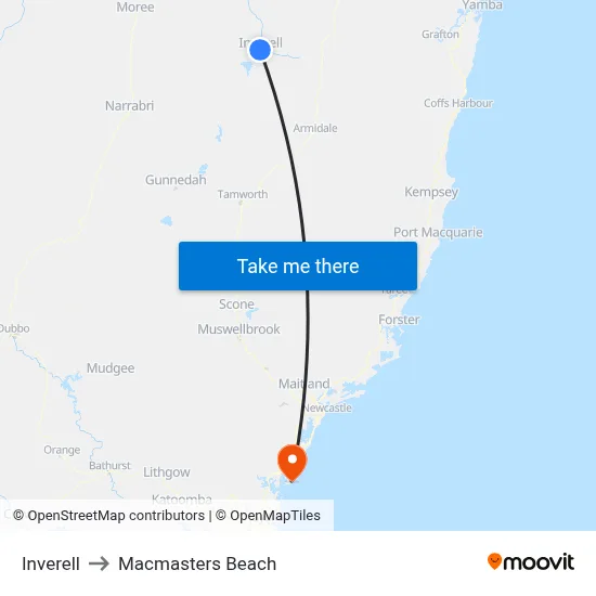 Inverell to Macmasters Beach map