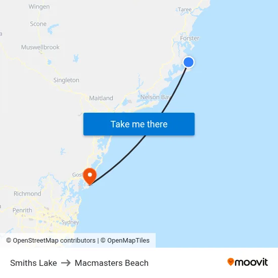 Smiths Lake to Macmasters Beach map