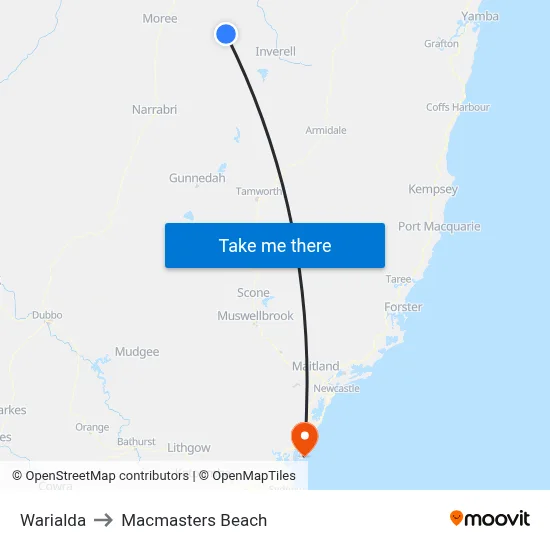 Warialda to Macmasters Beach map