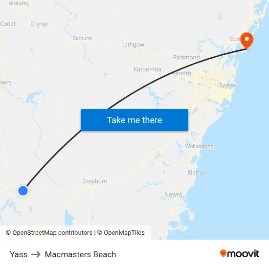 Yass to Macmasters Beach map