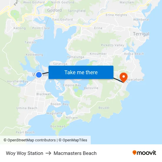 Woy Woy Station to Macmasters Beach map