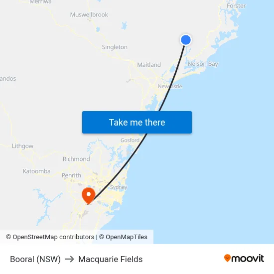 Booral (NSW) to Macquarie Fields map