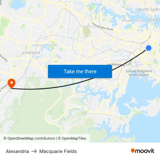 Alexandria to Macquarie Fields map