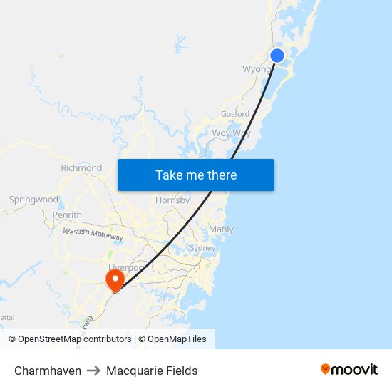 Charmhaven to Macquarie Fields map