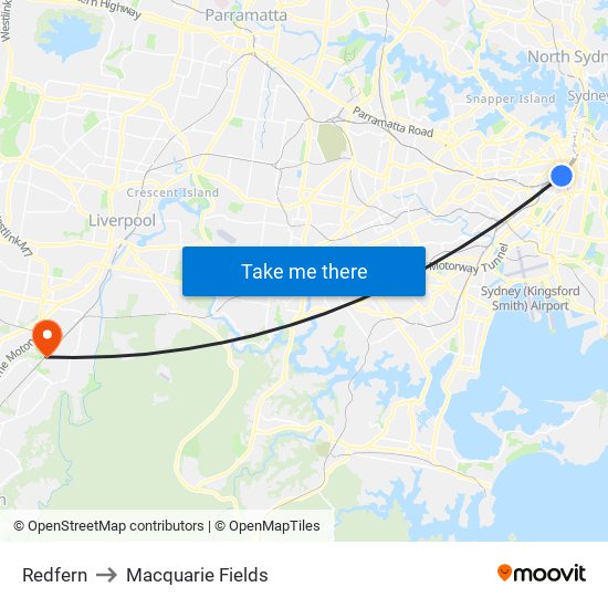 Redfern to Macquarie Fields map