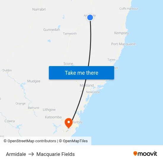 Armidale to Macquarie Fields map