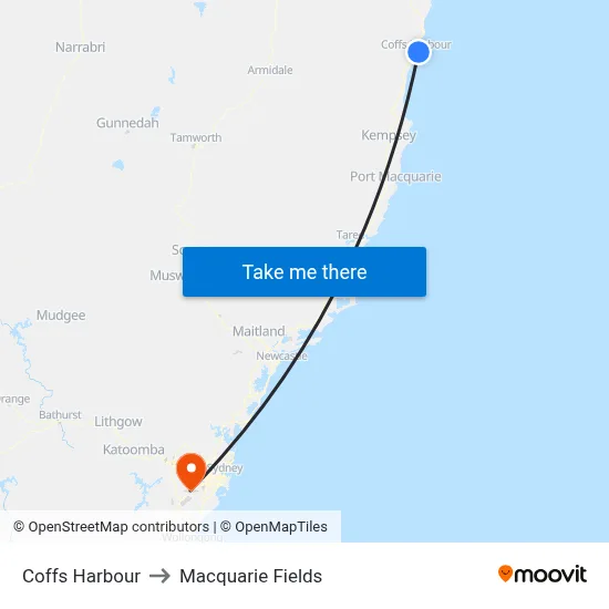 Coffs Harbour to Macquarie Fields map