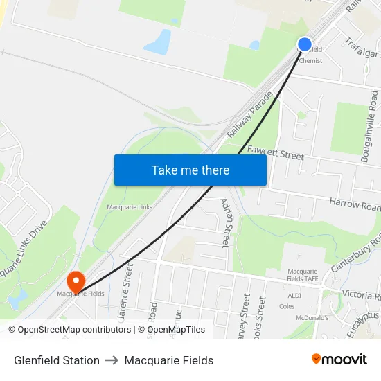 Glenfield Station to Macquarie Fields map