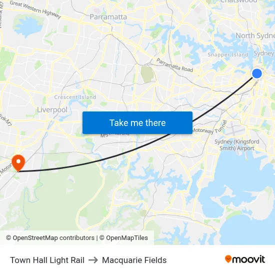Town Hall Light Rail to Macquarie Fields map