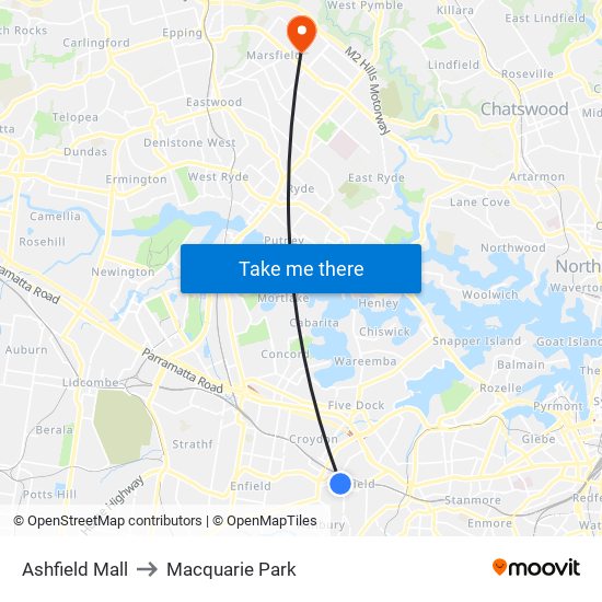 Ashfield Mall to Macquarie Park map