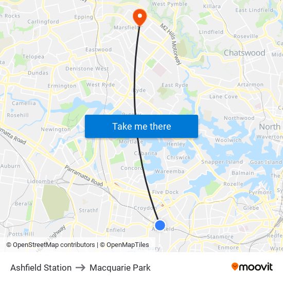 Ashfield Station to Macquarie Park map