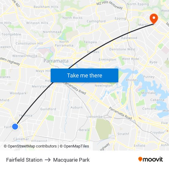 Fairfield Station to Macquarie Park map