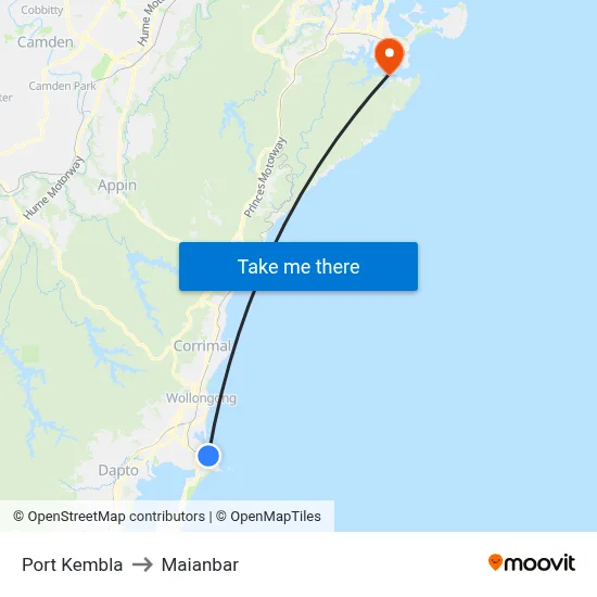 Port Kembla to Maianbar map