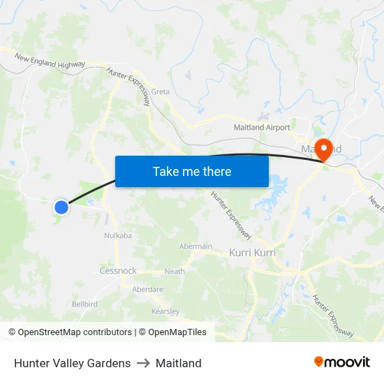 Hunter Valley Gardens to Maitland map