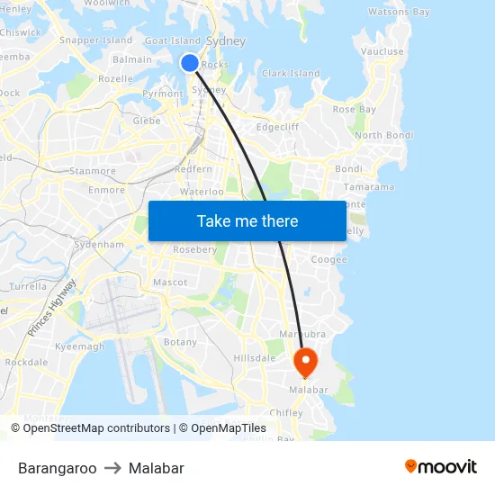 Barangaroo to Malabar map