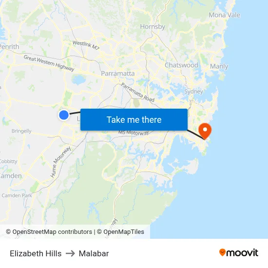 Elizabeth Hills to Malabar map