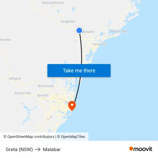 Greta (NSW) to Malabar map