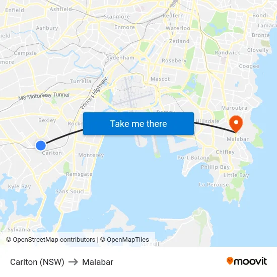 Carlton (NSW) to Malabar map