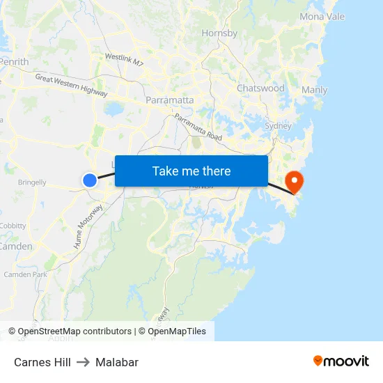 Carnes Hill to Malabar map