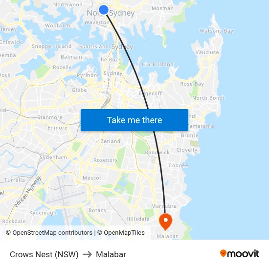 Crows Nest (NSW) to Malabar map