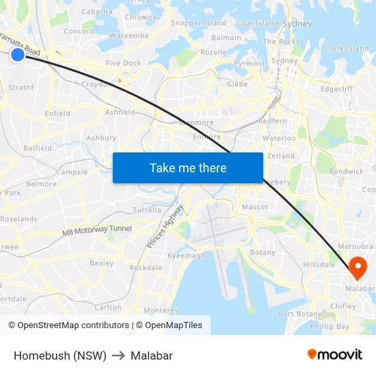 Homebush (NSW) to Malabar map
